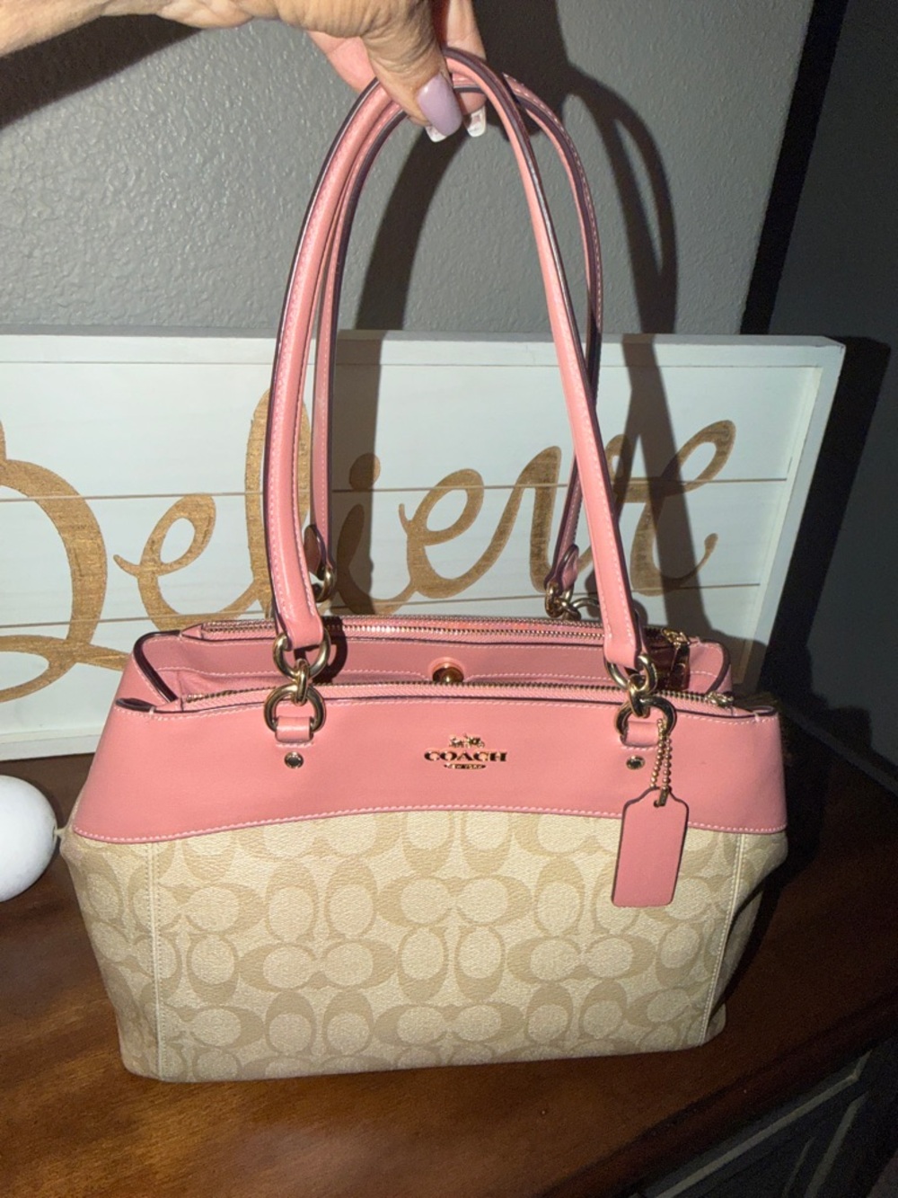 Coach Beige Signature Canvas Tote with Pink Trim